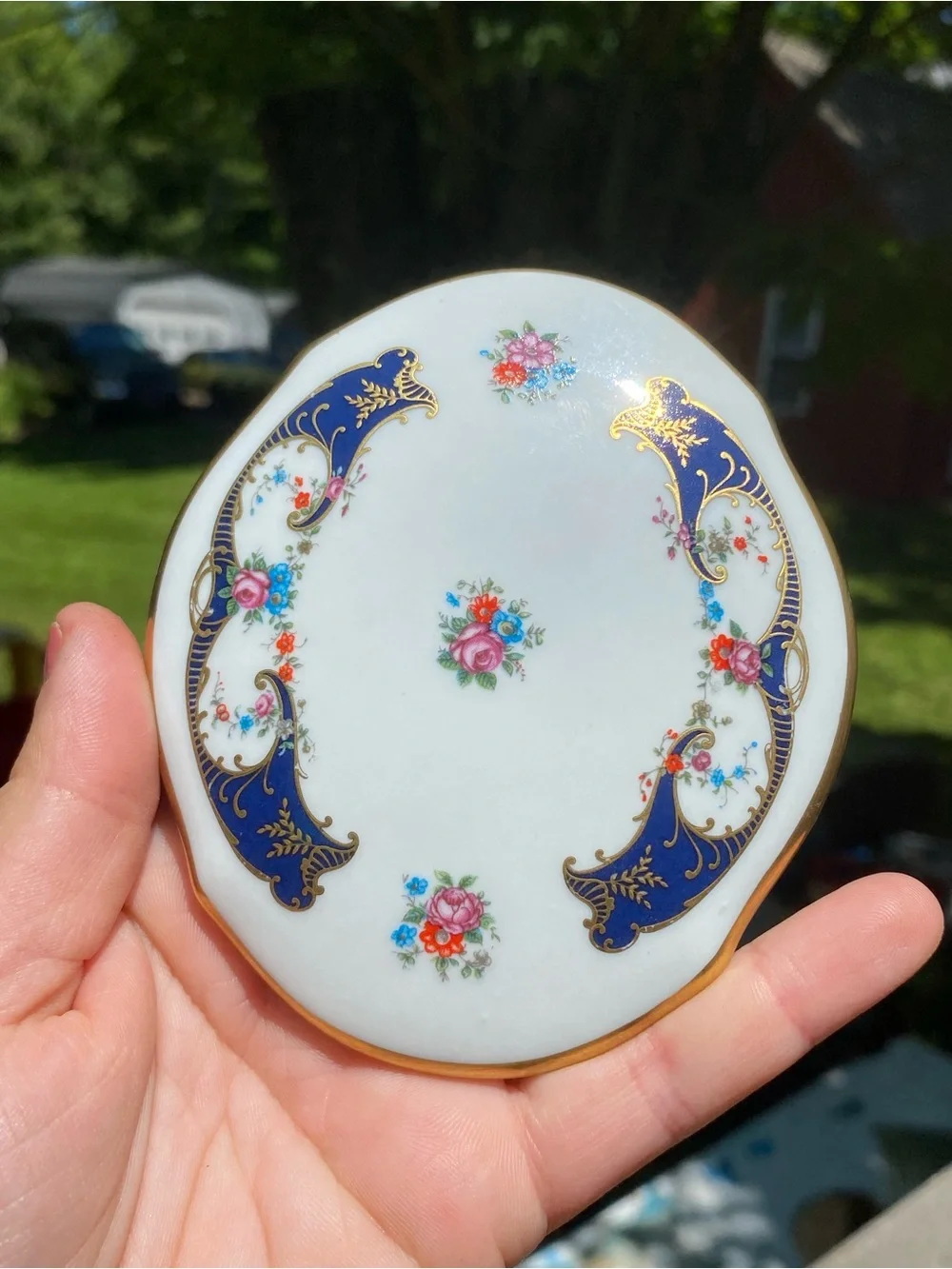 Vintage Portugal Porcelain Trinket Dish Delicate Floral Blue Gold Design